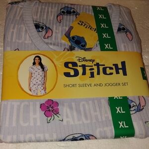 Disney Stitch Short Sleeve and Jogger Pajama Set - Light Gray, Blue, Pink